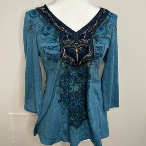 Y2K Teal Embroidered Babydoll Top Boho Tunic Gold Stitching